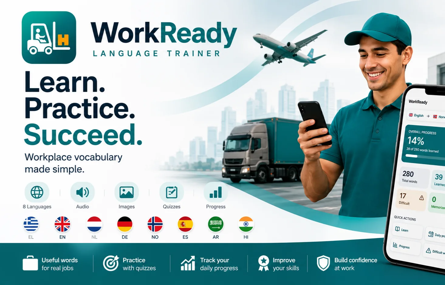 WorkReady Language overview showing languages, audio, images, quizzes and progress