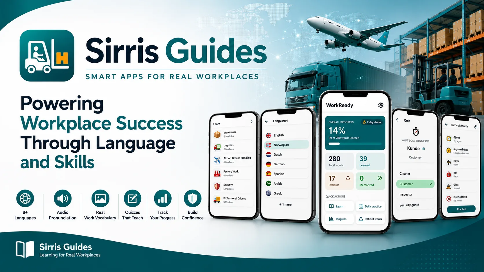 WorkReady Language screens for learning, languages, quizzes and difficult words
